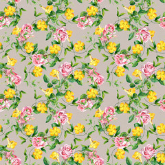  Repeating pattern with yellow flowers and roses, watercolor