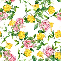 Foto op Canvas  Repeating pattern with yellow flowers and roses, watercolor © zzorik