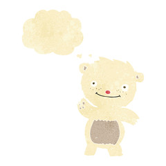 cartoon waving polar bear cub with thought bubble