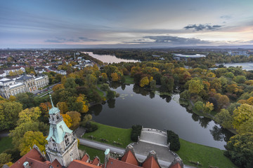 Aerial view of Hannover from observation platform of new city hall at evening.
