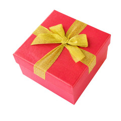Red gift box with yellow ribbon isolated over white