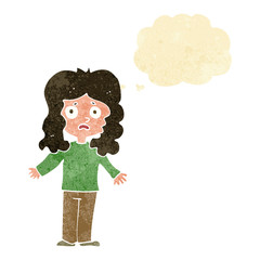 cartoon worried woman with thought bubble