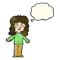 cartoon worried woman with thought bubble