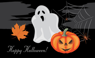 Halloween pumpkin, ghost and spiders. Greeting postcard