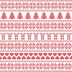 Scandinavian style, Nordic winter sweater stitch, knit pattern including star, Xmas tree, Xmas gift, heart element in red on white background in seamless style 
