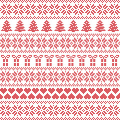 Scandinavian style, Nordic winter sweater stitch, knit pattern including star, Xmas tree, Xmas gift, heart element in red on white background in seamless style 
