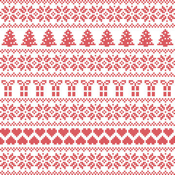 Scandinavian style, Nordic winter sweater stitch, knit pattern including star, Xmas tree, Xmas gift, heart element in red on white background in seamless style 
