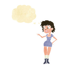 cartoon worried woman in dress pointing with thought bubble
