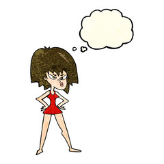 cartoon angry woman in dress with thought bubble