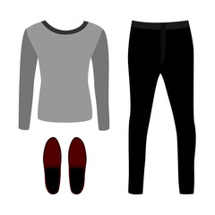 Set of outline trendy men's clothes with pants, pullover and moccasins. Vector illustration