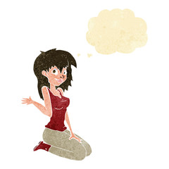 cartoon pretty girl waving with thought bubble