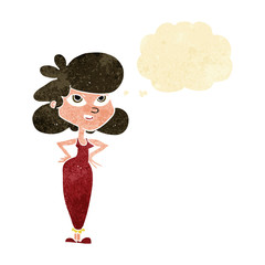 cartoon girl with hands on hips with thought bubble
