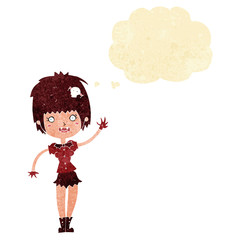 cartoon waving vampire girl with thought bubble