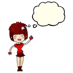 cartoon waving vampire girl with thought bubble