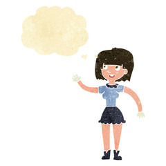 cartoon girl waving with thought bubble