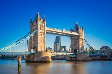 Tower bridge at sunrise with clear blue sky, London, UK