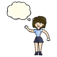 cartoon girl waving with thought bubble