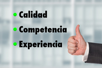 Business man holding a thumb up, Quality-Competence-Experience