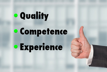 Business man holding a thumb up, Quality-Competence-Experience