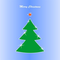 Christmas card with a green Christmas flashing Christmas tree with white contours and red shining star with the words Merry Christmas on a blue background