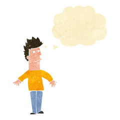 cartoon worried man with thought bubble