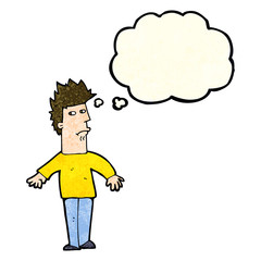 cartoon worried man with thought bubble
