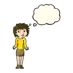 cartoon woman shrugging shoulders with thought bubble