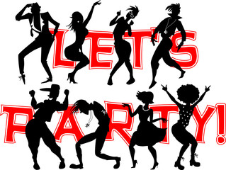 Black vector silhouette of dancing people with Let's party! written on the background, EPS 8 illustration