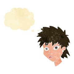 cartoon curious girl with thought bubble