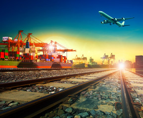 railway transport in import export shipping port and cargo plane
