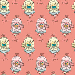 Seamless pattern with cartoon cute birds in a cage. Romantic texture with couple little birds singing. Hand-drawn vector backdrop. Use for wallpaper,pattern fills, web page background.