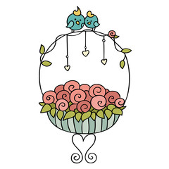 Сute cartoon birds sitting on basket of flowers. Little love birds on a bouquet of roses with hearts. Hand-drawn summer vector illustration isolated on white.