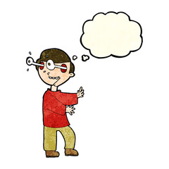 cartoon boy with popping out eyes with thought bubble