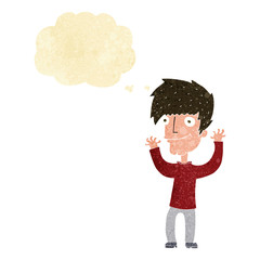 cartoon man waving arms with thought bubble