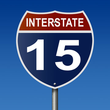 Sign for Interstate 15, part of the National Highway System, which travels from Alberta, Canada to California
