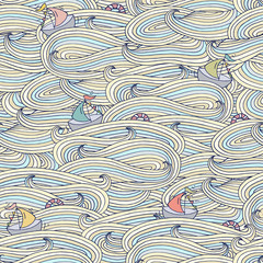 Cartoon bright seamless pattern with ship, lifebuoy sails on the sea . Can be used for wallpaper,  web page background, surface kid textures. Hand-drawn ocean vector with decorative colored waves. © sapunkele