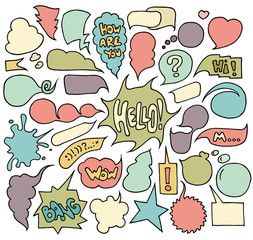 Big set of speech and think colored bubbles on white background. Doodle cartoon comic bubbles.Hand-drawn vector organized in groups for easy editing.