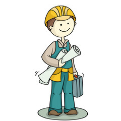 Cartoon character worker holding toolbox. Cute mechanical engineer standing with plan and helmet. Hand-drawn vector illustration isolated on white.