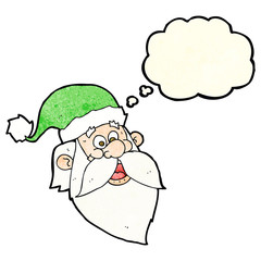 cartoon jolly santa claus face with thought bubble