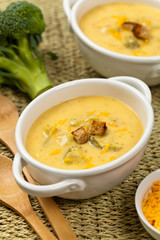 Broccoli Cheddar Soup. Selective focus.