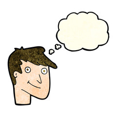 cartoon happy man with thought bubble