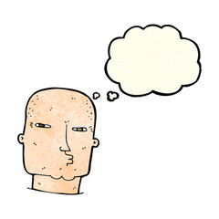 cartoon bald tough guy with thought bubble