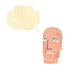 cartoon bald tough guy with thought bubble