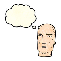 cartoon bald tough guy with thought bubble