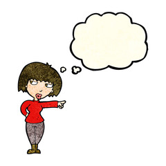 cartoon annoyed woman pointing with thought bubble