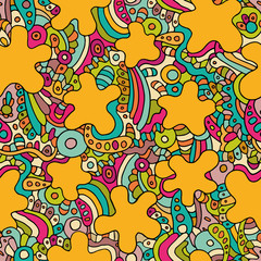 Psychedelic seamless abstract texture. Endless background with yellow blobs and colored stripes. Ethnic seamless pattern. Vector backdrop. Bright pattern.