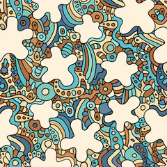 Fototapeta na wymiar Psychedelic seamless abstract texture. Endless background with beige blobs and blue stripes. Ethnic seamless pattern. Vector backdrop. Bright pattern. Use for wallpaper, web page background.