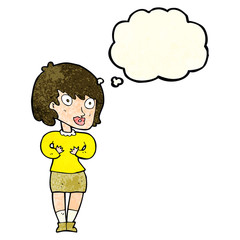 cartoon woman making Who Me? gesture with thought bubble