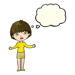 cartoon woman shrugging  with thought bubble