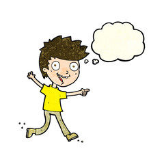 cartoon crazy excited boy with thought bubble